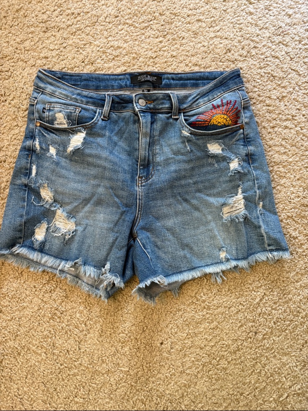 Judy Blue Medium Blue Distressed Denim Shorts with Sun Embroidery